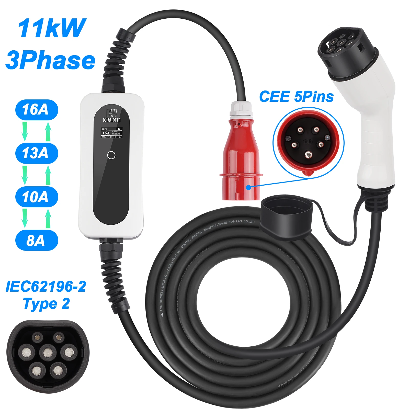 

11kw 3Phase 16A Adjustable Portable Evse Wallbox Ev Charger Type2 IEC62196 Electric Vehicle Cars Home Charging 5M CEE Red Plug