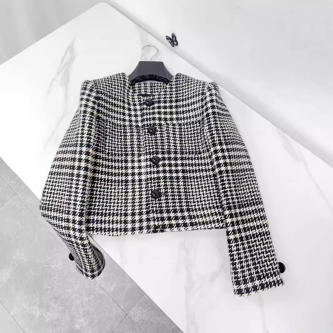 Женский шерстяной кардиган на осень и зиму короткий вязаный жакет с круглым