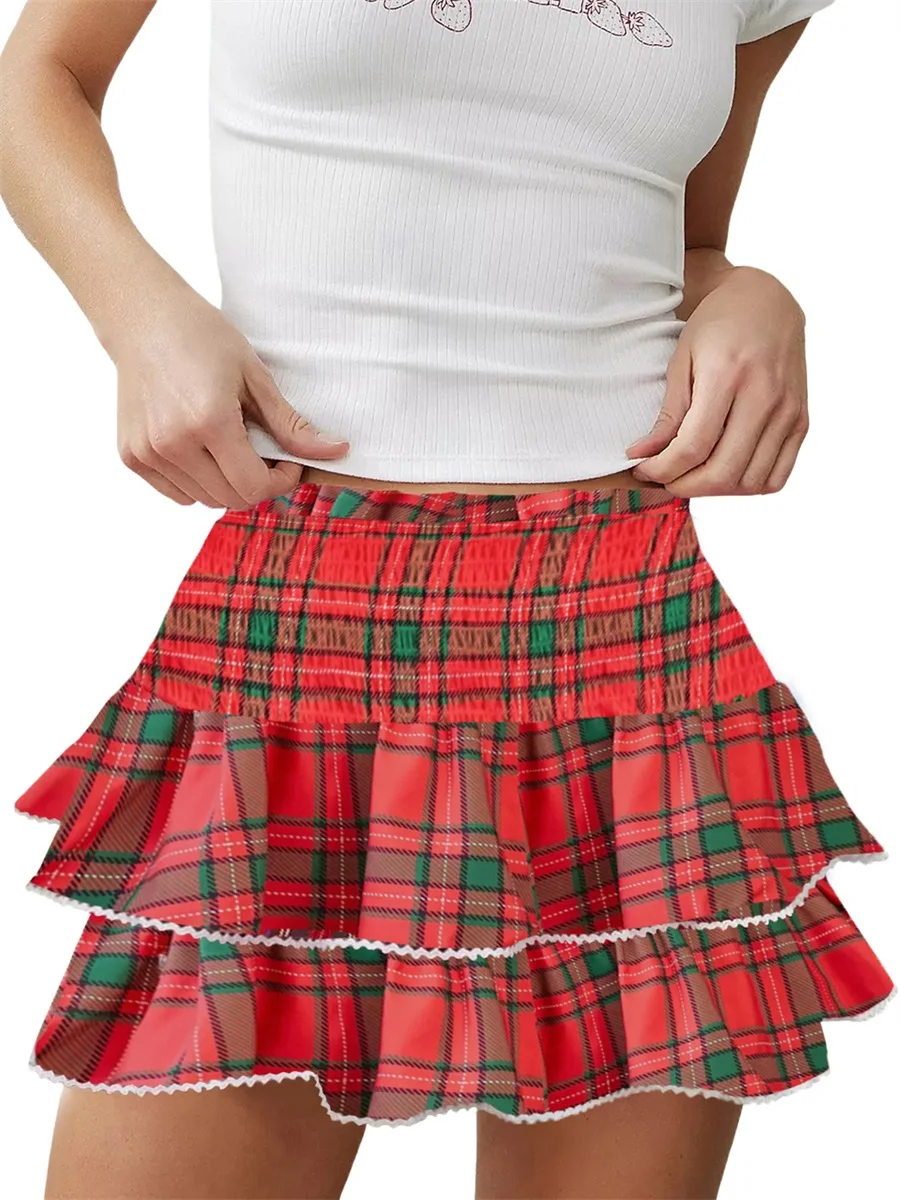 Женская мини-юбка многослойная юбка с низкой талией летняя клетчатая уличная