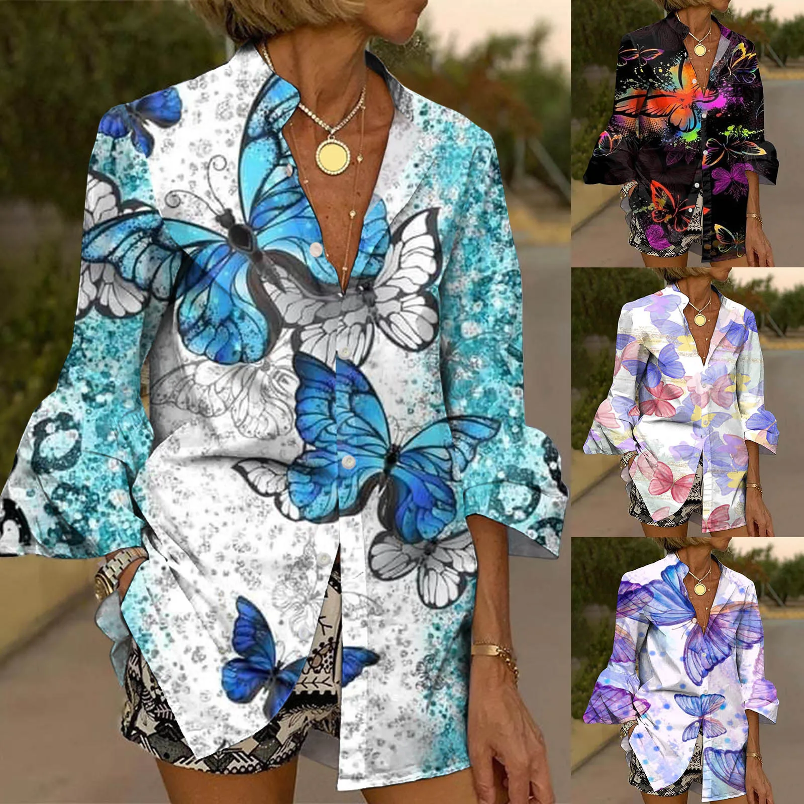 

Long Sleeve Blouse Women Dressy Casual Seventh Sleeve Shirts Blouses Folding Cuff V Neck Boho Tops Womens Summer T Shirts