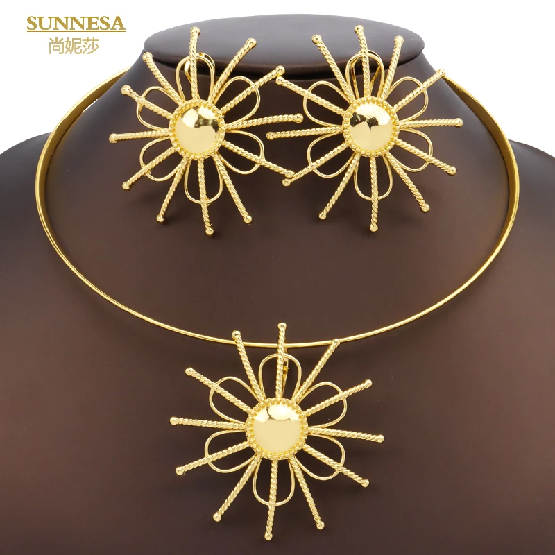 

SUNNESA African 18k Gold Plated Round Necklace Sunflower Pendant Big Clip Earrings Party Gift Women Dubai Jewelry Set