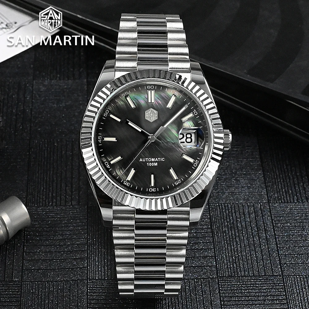 

San Martin Men Watch 40mm Vintage MOP Dial Retro Business Luxury Sapphire Automatic Mechanical Watches Carving Bezel 10Bar