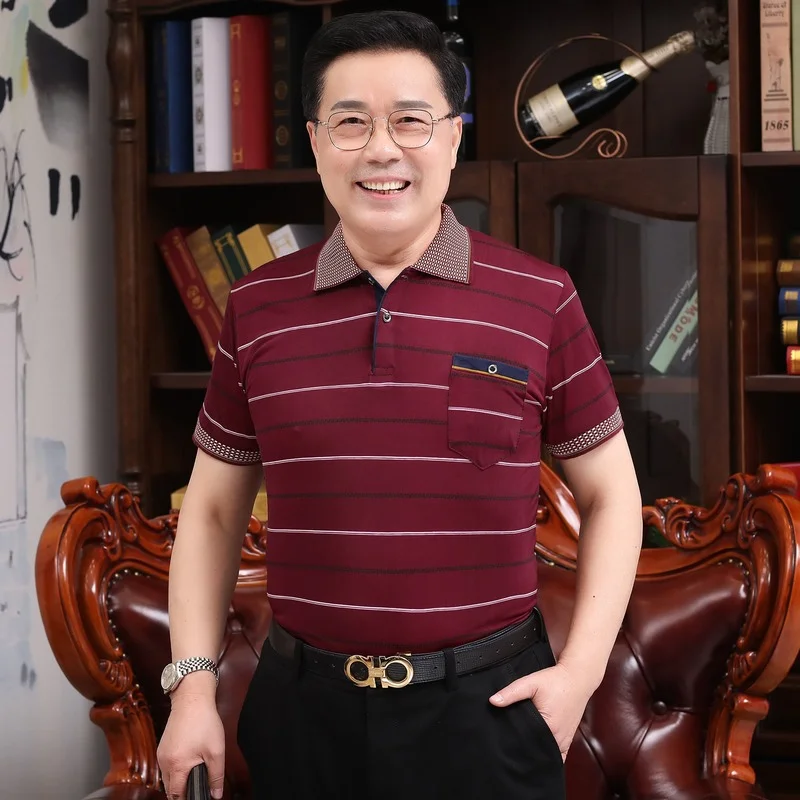 

Рубашка-поло мужская с коротким рукавом и отложным воротником, в полоску