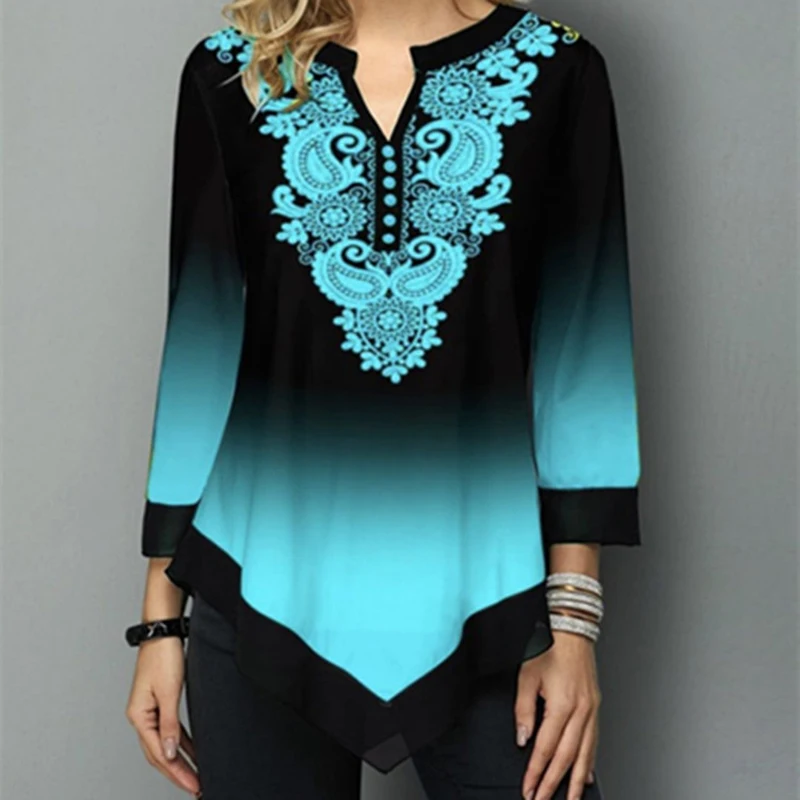 

Vintage Print Women Blouse Shirt Long Sleeve V-neck Tops Shirts Casual Female Gradient Hem Blouses Ladies Pullover Tops Blusa
