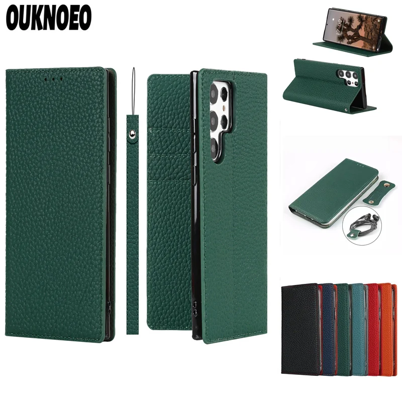 

Luxusy Genuine Litchi Pattern Leather Case For Samsung Galaxy S22 S21 S20 FE Plus Ultra S10 A32 Lanyard Wallet Case Flip Cover