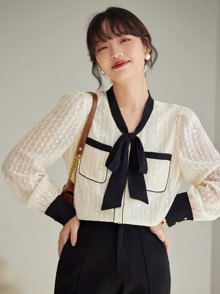 

Elegant Fashion Vintage Chiffon Shirt 2023 New Autumn Sweet Bow Tie Long Sleeve Casual Blouse Blusas Muje Women Clothing
