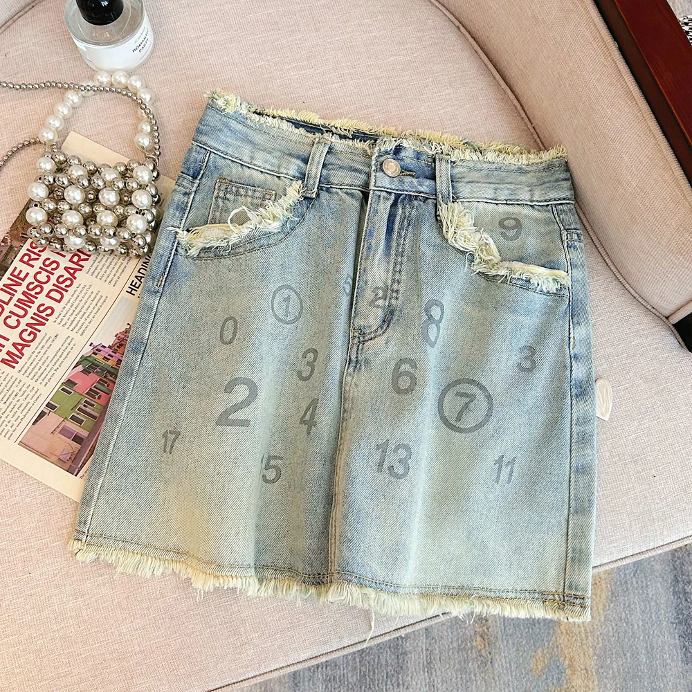 

Women's Digital Printed Blue Denim Short Skirt Summer New Chic Raw Edge Design Distressed Young Girl Sexy A-line Mini Skirt