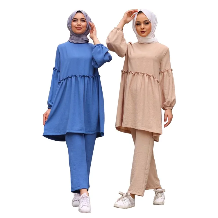 2 Piece Sets Womens Outfits Fall Clothes For Women Trousers Clothing Muslim Fashion Eid Mubarak Prayer Blue Color