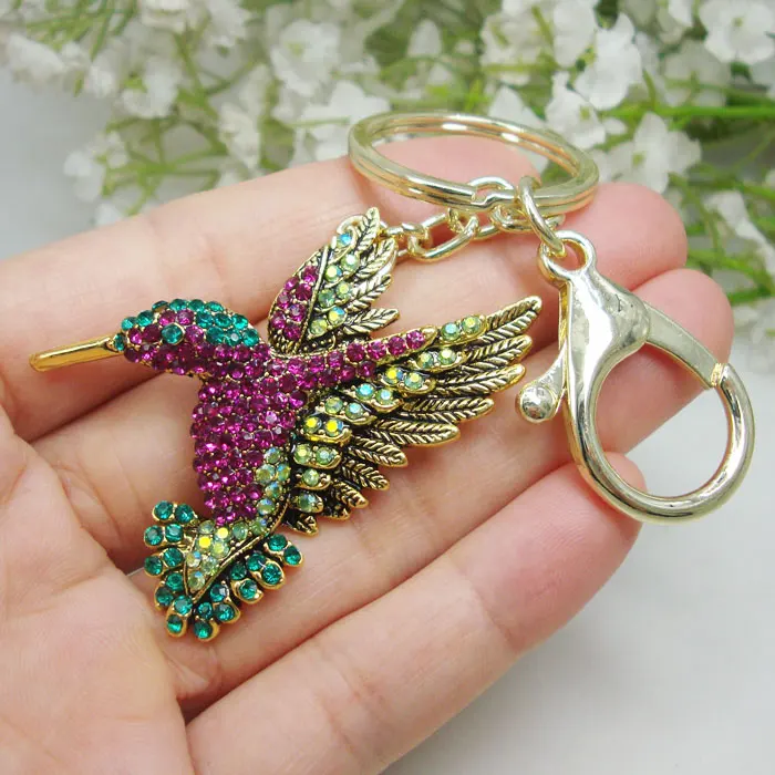 

Hummingbird Rhinestone Keychain Goldtone Metal Crystal Keyring Bag Purse Clip