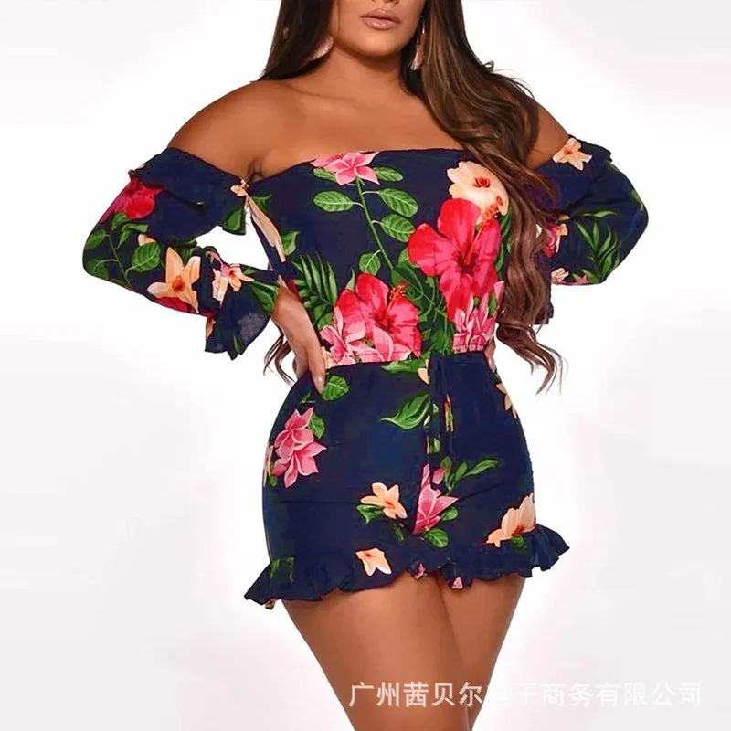 

Женские винтажные слитные брюки с принтом, Новинка лета 2022, пикантные милые богемные комбинезоны с открытыми плечами и оборками по краям, по...