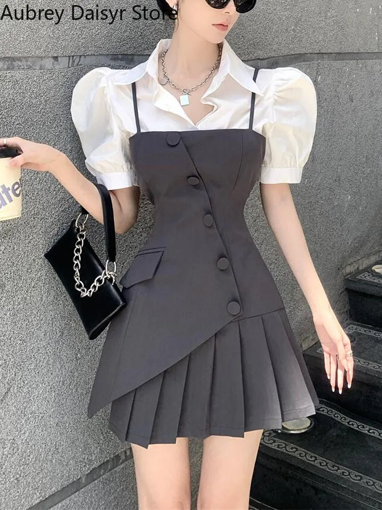 

Elegant Spaghetti Strap Mini Blazer Dress Women Korean Fashion Irregular Bodycon Dress Female Vintage Casual High Waist Dress