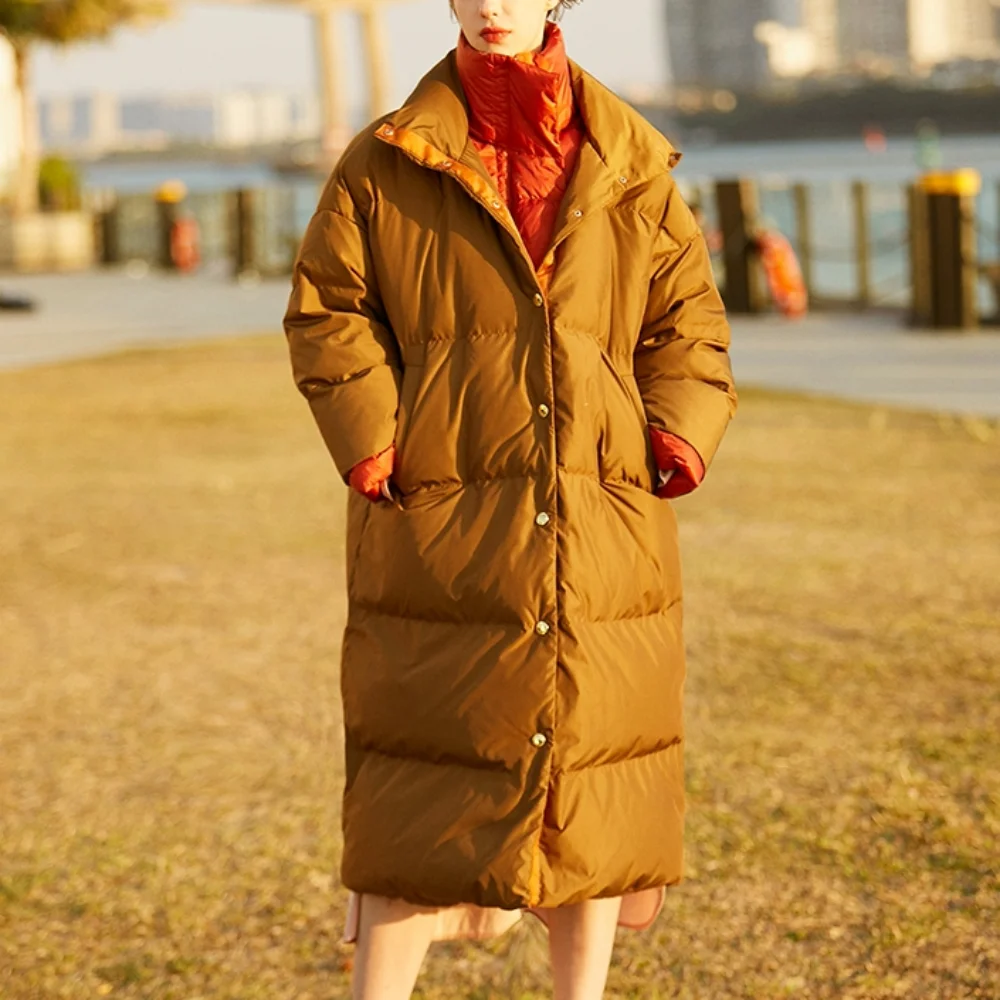 

High-end Contrast Color Thickened Down Jacket Long Female 90 White Duck Down Winter New Autumn and Winter