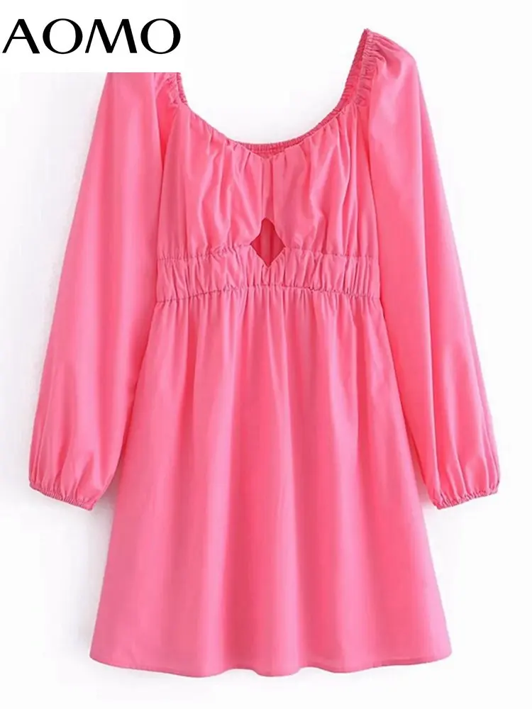 

Женское платье с вырезом AOMO, розовое мини-платье с длинным рукавом, 3A93A