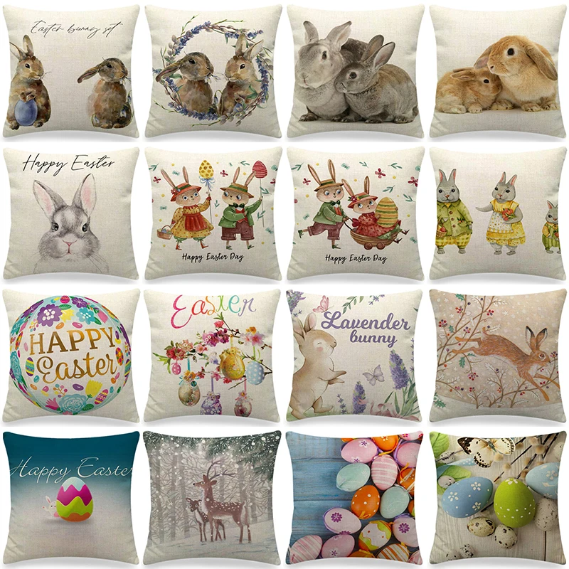 

Easter Cushion Cover Cute Bunny Eggs Printed Pillow Covers 18x18 Inches Easter Decorations Hare Rabbit Flower Linen Pillowcase