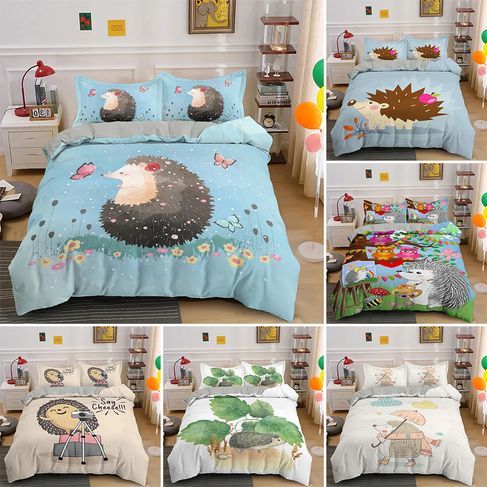 

High Quality Kids Microfiber Quilt Cover Cute Cartoon Animal Hedgehog Bedding Set 2/3pcs Queen King Size Four Seasons Bedclothes