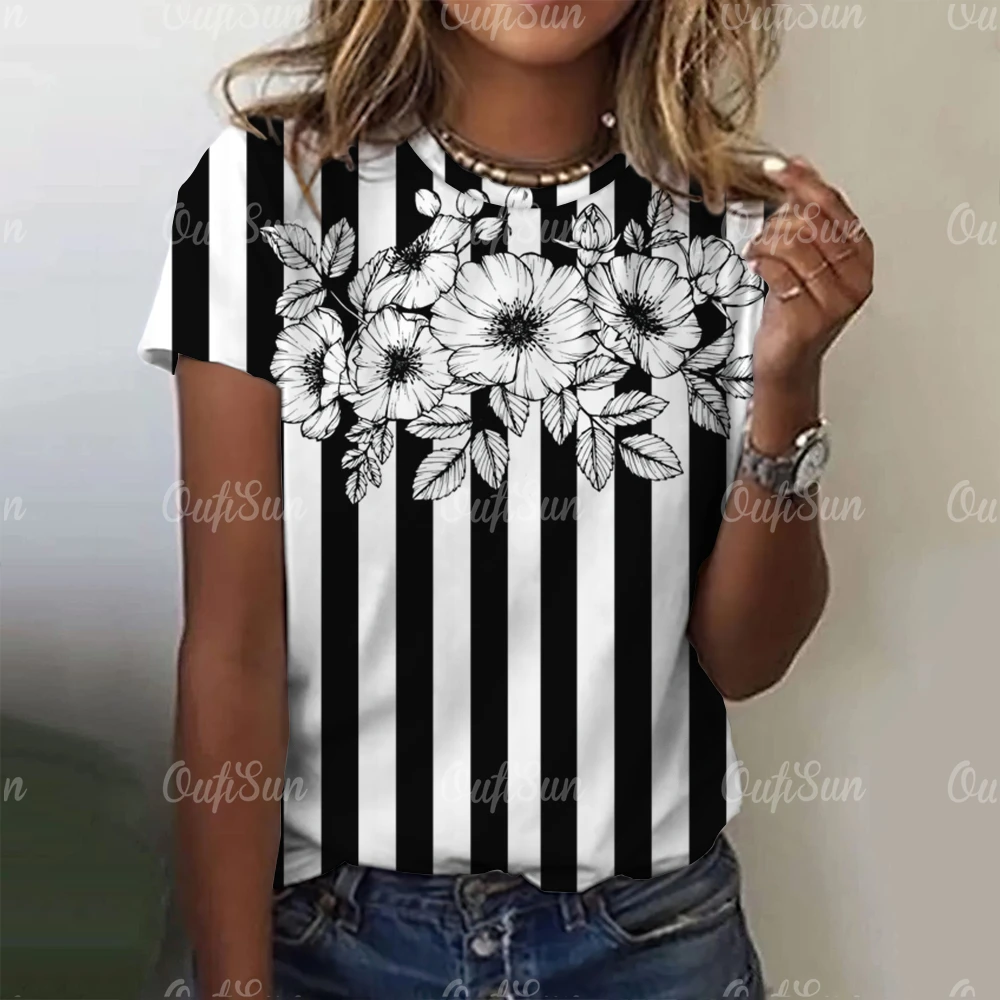 

Womans Tshirts Fashion Short Sleeve Black Female Clothing Slim Blouse Summer O Neck Tees 3d Print Top Flower Graphic Pullover