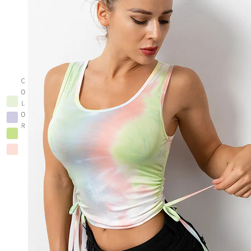 

2022 Sports Top Woman Gym Workout Vest Sleeveless Tie Dye Yoga Crop Top With Drawstring Fitness Running Tank Tops Woman T-shirts