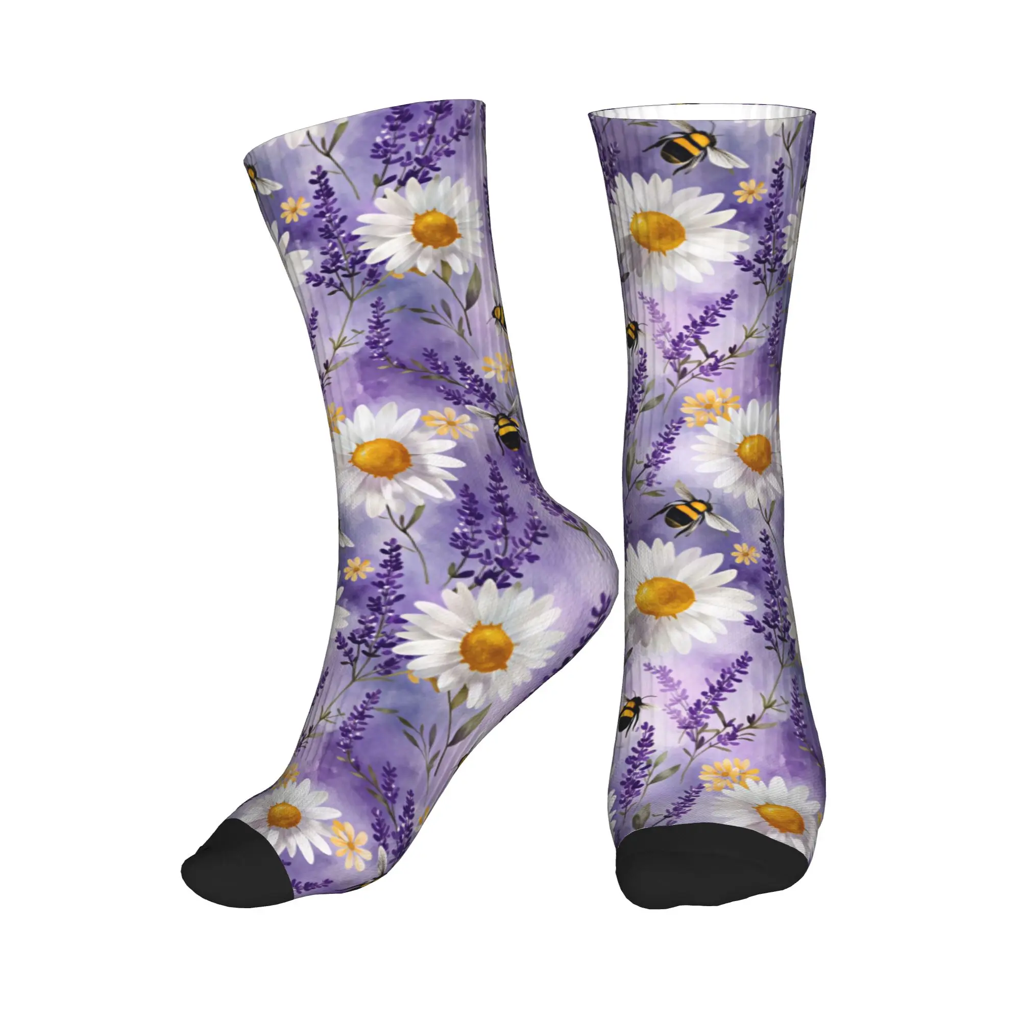 Фото Носки Harajuku Bee Lavender Daisy Watercolor для женщин и мужчин, теплые спортивные баскетбольные носки с 3D принтом №1