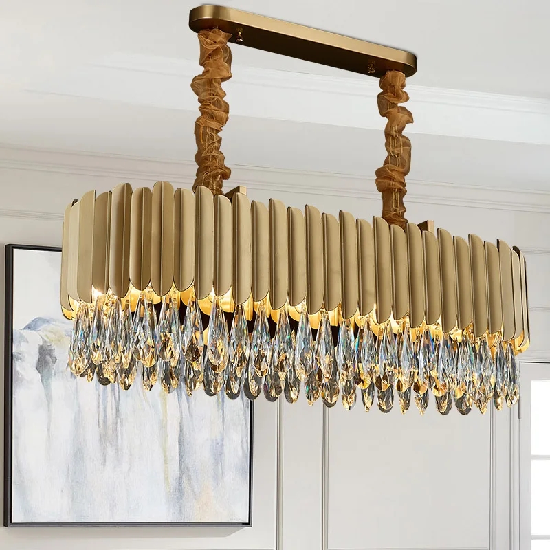 

Modern Luxury Stainless Steel Chandelier for Kitchen Islan Gold Crystal Long Hanging Lamp Indoor Decoration Lighting Fixture