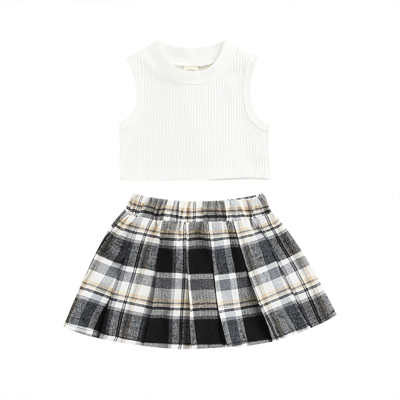 

Pudcoco 2Pcs 6M-4Y Summer Sleeveless Tanks Vest Camisole Casual Pullover Knitwear Tops+Plaid A-Line Skirt Suit Sets