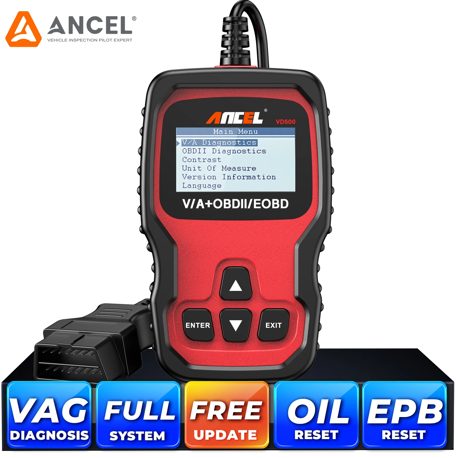 

Ancel VD500 OBD2 автомобильный сканер обслуживание масла EPB сброс OBD2 автоматический сканер для Volkswagen Audi Skoda SEAT ODB2 диагностические инструменты