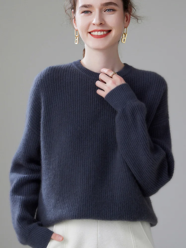 Утолщенный кашемировый свитер с заниженными плечами и круглым вырезом 100% чистый