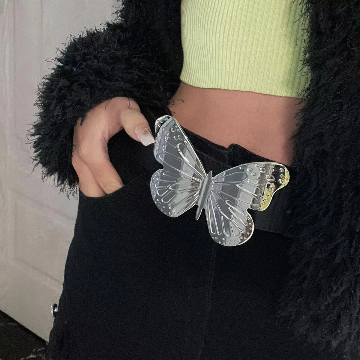 Y2k Faux Leather Belt for Women Designer Butterfly Buckle Waist Strap 2000s Female Girl Jeans Decoration Waistband