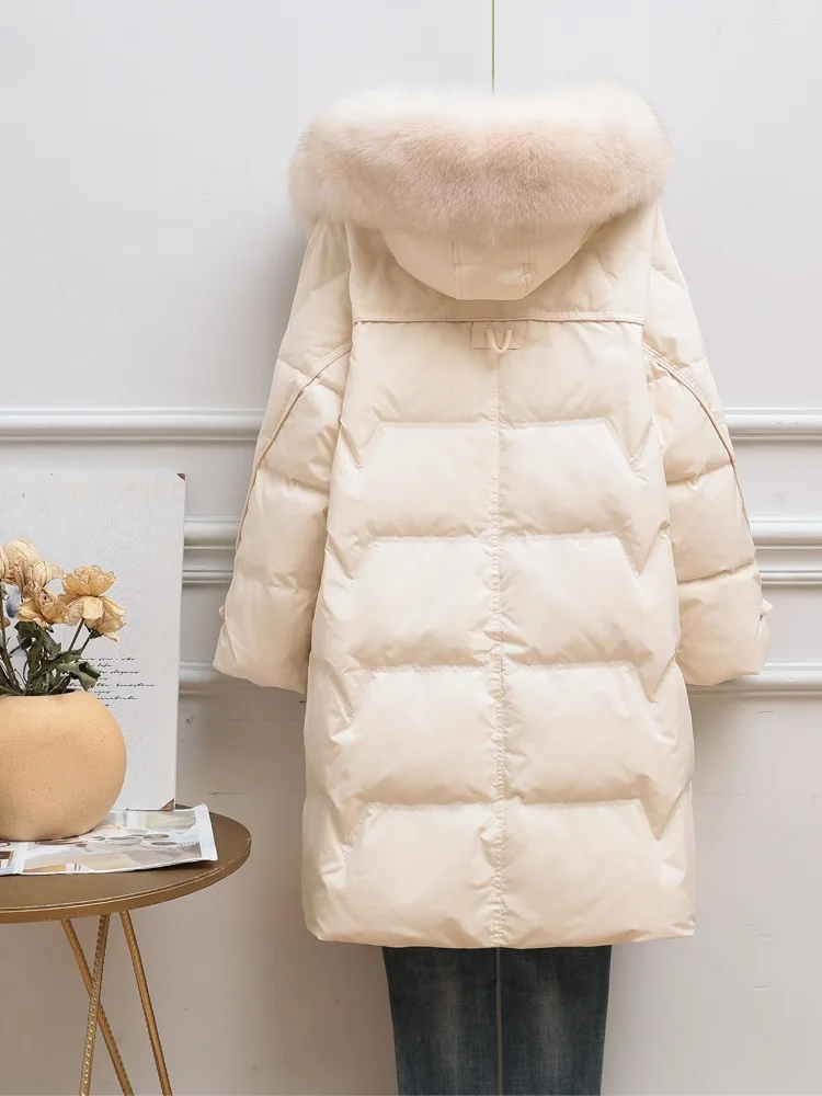 New Women Fox Fur Collar Long Down Jacket Casual Style Autumn Winter Coats And Parkas Female Outwear