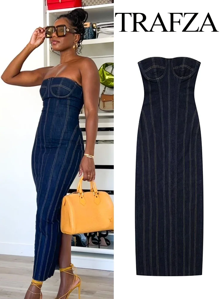 

TRAFZA Elegant Female Chic Striped Split design Slim Denim Party Elegant Dress Women Vintage Sleeveless Backless Bodycon Dress