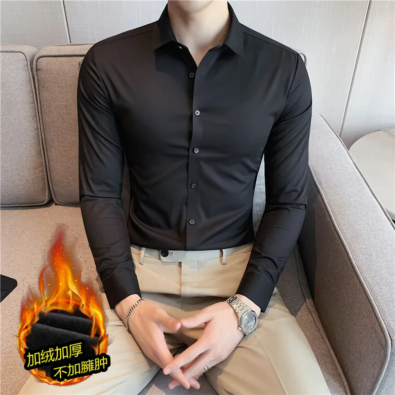 

Winter Solid Color Fleece Thickening Men Shirt Korean Stykle Long Sleeve Male Dress Shirts New Slim Fit Camisa Social Masculina