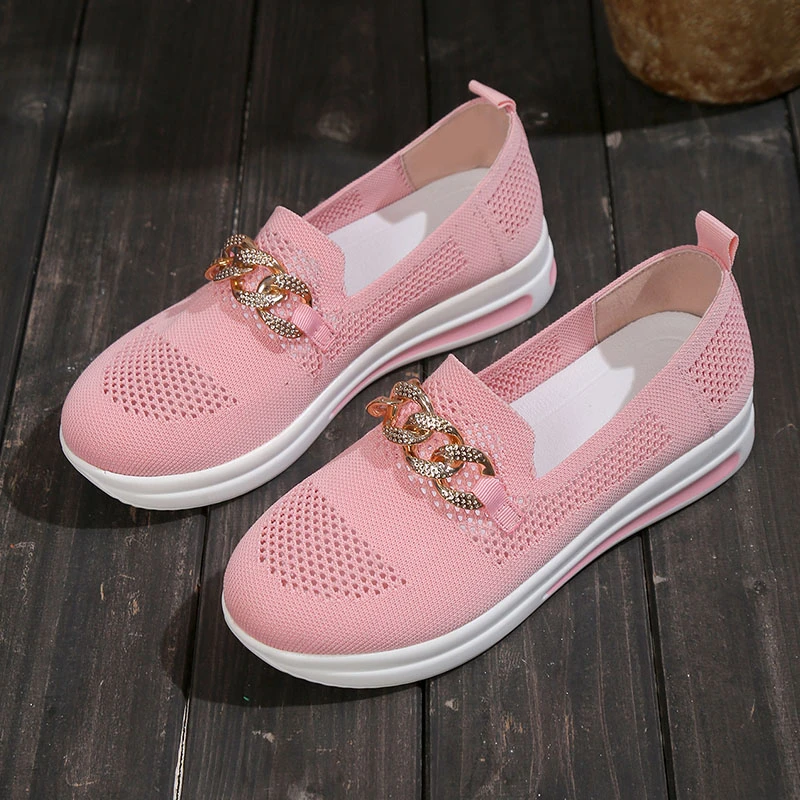 Spring Summer New Fashion Women's Casual Vulcanized Sports Knitting Sneakers Flat Soft Soled Hollow Out Chain Shoes Plus Size 43