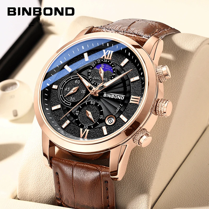 

BINBONG New Quartz Watch Fashion Business Mens Watches Rose Gold Case 30M Waterproof Watch with Calendar Relogio Masculino B6187