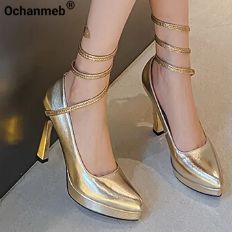 

Ochanmeb Women Genuine Leather Golden Pumps Crystal S-Shaped Ankle Strap High Heels Shoes Black Suede Point Toe Pumps Party Chic