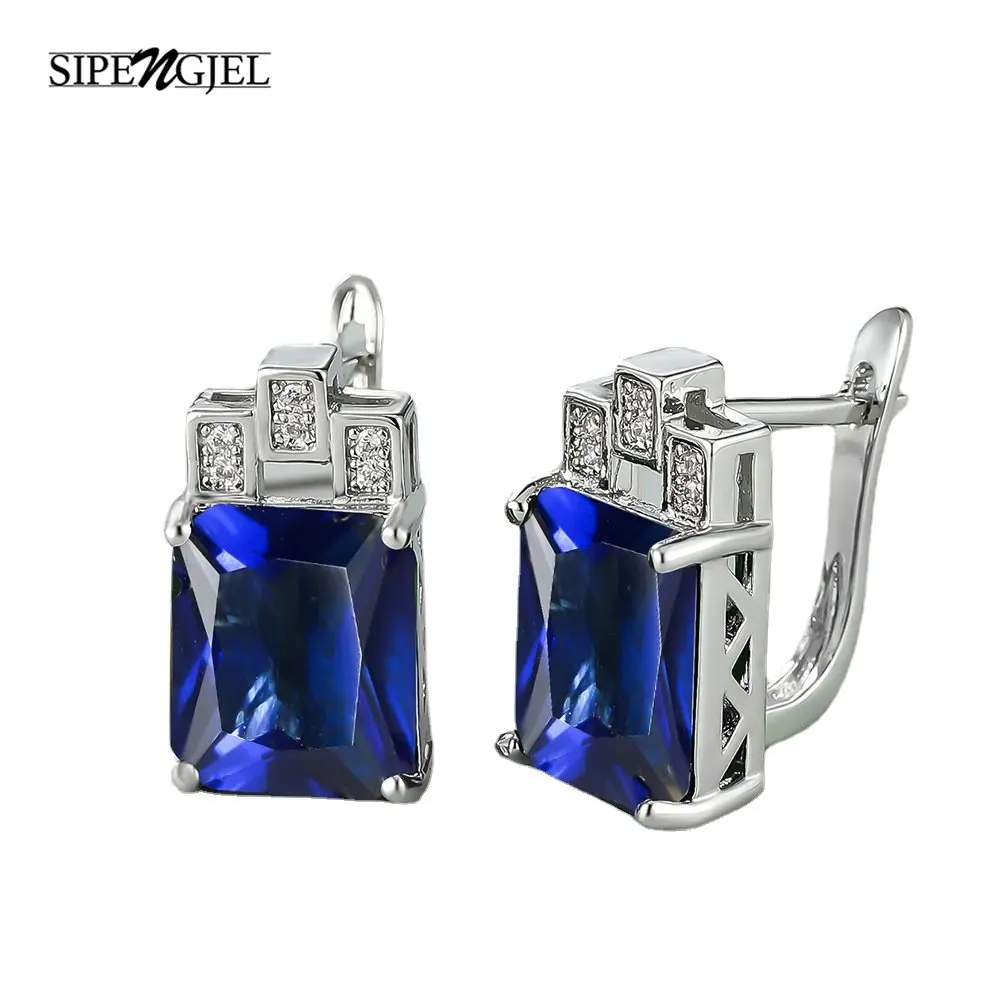 

Female Luxury Blue Crystal Stud Earrings Classic Green Zircon Square Stone Earrings for Women Piercing Jewelry Gift