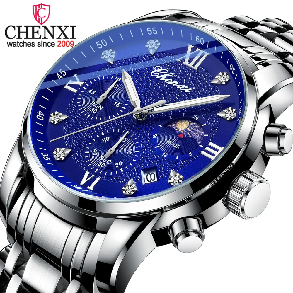 

CHENXI 921 Fashion New Watch Men Luxury Stainless Steel Quartz Wristwatch Waterproof Sport Watches Moon Phase Function Clock