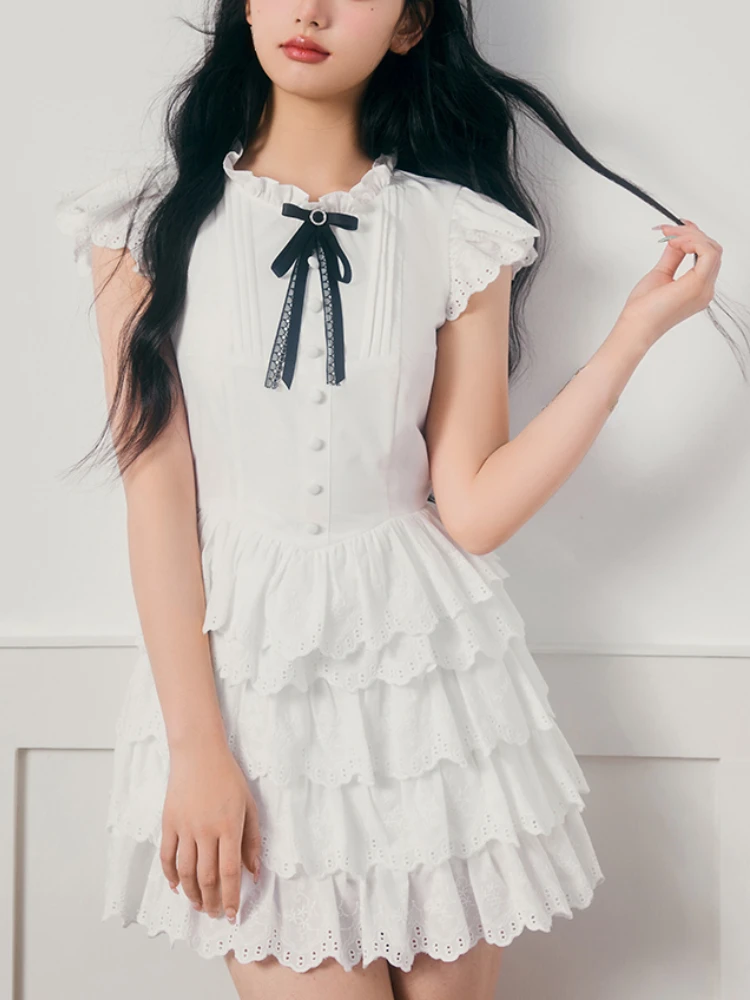 

2023 Summer Pure Color Lace Elegant Mini Dress Women Casual Lolita Y2k Party Dress Style O-Neck One Piece Dress Korean Fashion