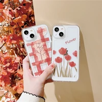literary style cute clear grid pattern flowers soft case for iphone 11 12 13 pro max 7 8 plus xr x xs anti drop cover fundas