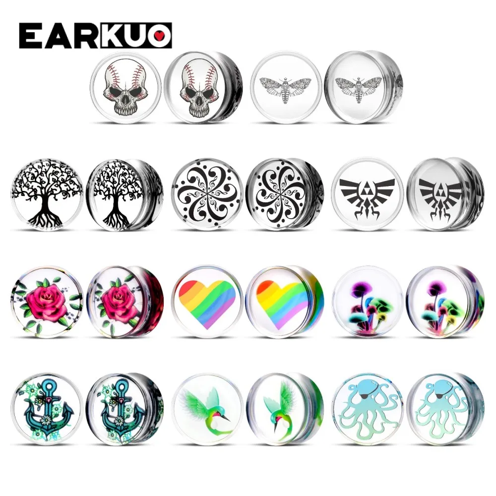 EARKUO New Transparent Acrylic Heart Skull Flower Ear Plugs Gauges Piercing Body Jewelry Earring Tunnels Stretchers 2PCS