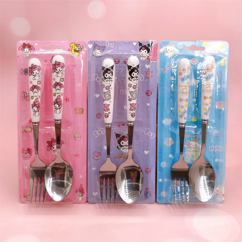 

Kawaii Cinnamoroll Dinnerware Sanrio Anime Cute Cartoon My Melody Kuromi Lovely Stainless Steels Spoon & Fork Set Girls Gift