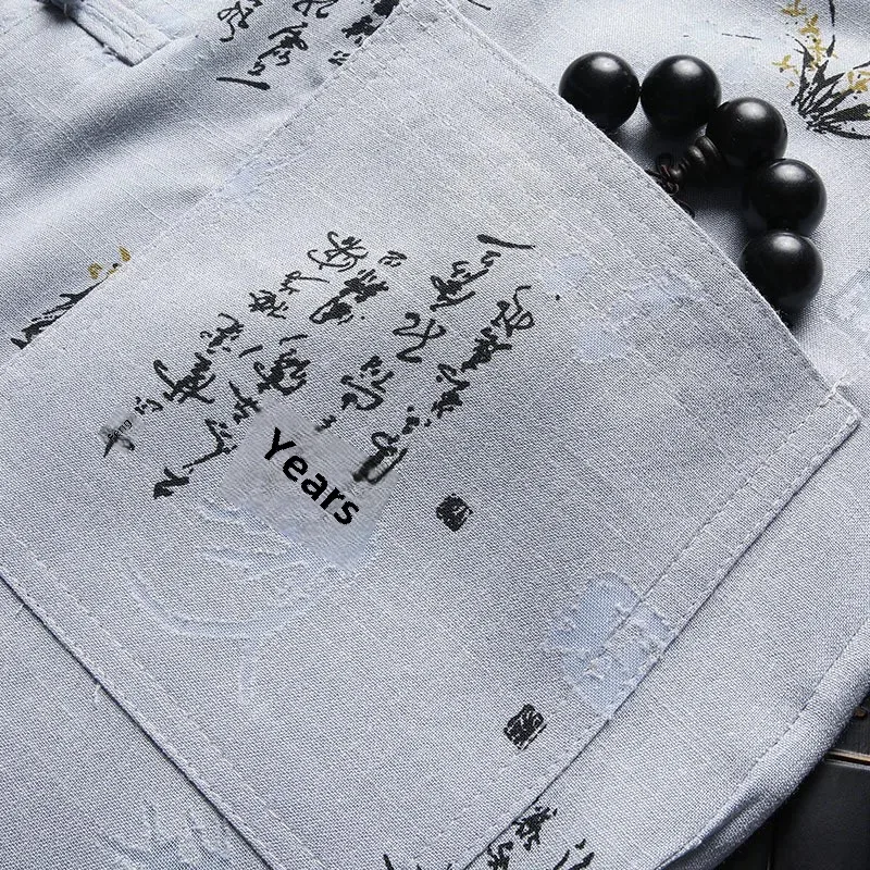 Весна-лето хлопково-льняной мужской повседневный костюм с длинными рукавами