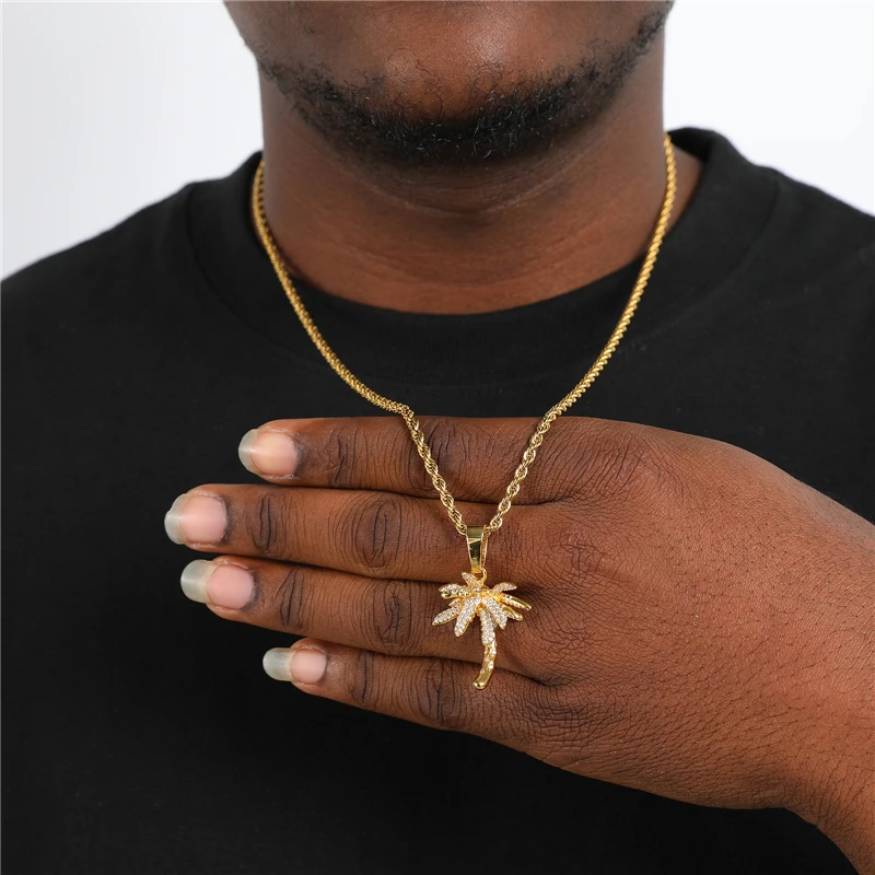 

Bling Gold Coconut Tree Iced Out Cubic Zircon Pendant& Necklace Silver Color Plated Hip Hop Men's Jewelry