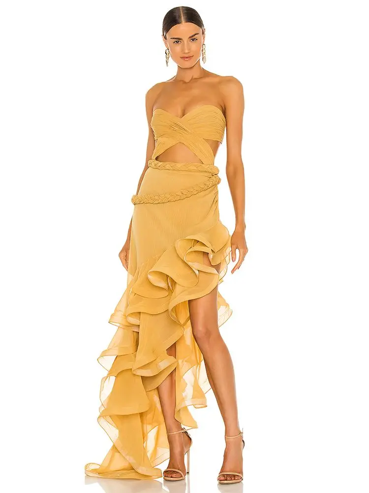 

Женские платья в уличном стиле Kritt, золотистые платья без бретелек, летние длинные привлекательные платья с оборками по бокам для выпускного вечера