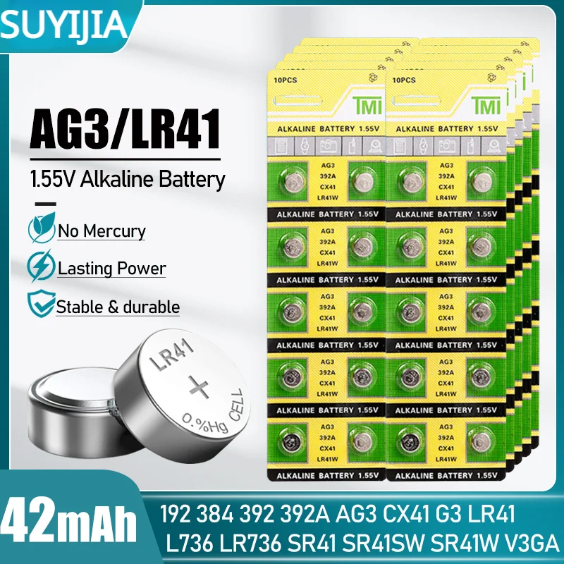 

Original 50-200 AG3 LR41 1.55V alkaline coin cell 392 392A LR736 L736 SR41 SR41SW for toy watch calculator coin cell