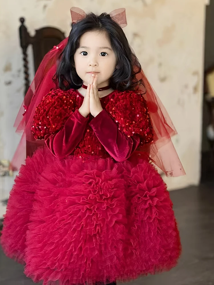Новогодняя одежда платье принцессы с бантом и пушистыми блестками детская