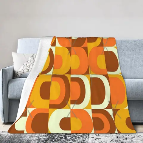Ультра-мягкое Флисовое одеяло в стиле ретро 70-х с рисунком в оранжевых и коричневых оттенках