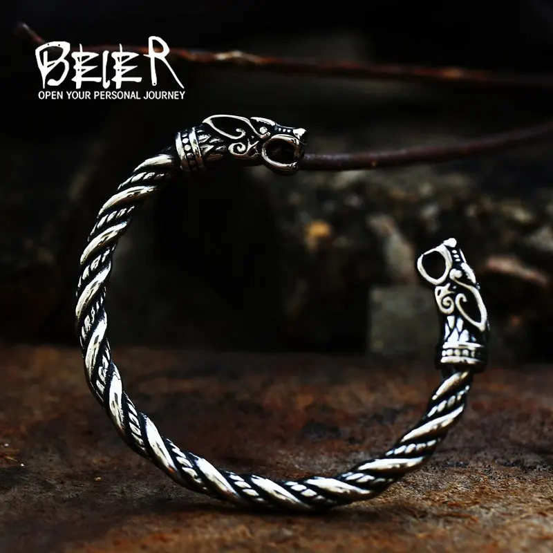 

Beier New Style Exquisite Double Wolf Head Bracelet Titanium Steel Viking Cuff Adjustable Jewelry For Men Wholesale