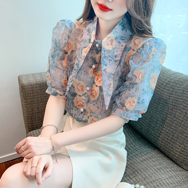 

Chiffon Women's Shirt Summer 2023 New Prints Blouses Slim Casual Short Sleeve Top Turn-down Collar Ladies Clothing YCMYUNYAN
