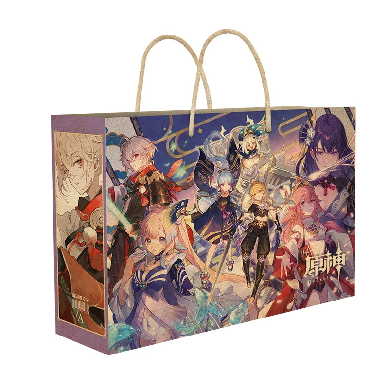 

Anime Genshin Impact Lucky Gift Bag Vintage Kraft Paper Collection Toy With Retro Poster Badge Stickers Keychain Student Gift