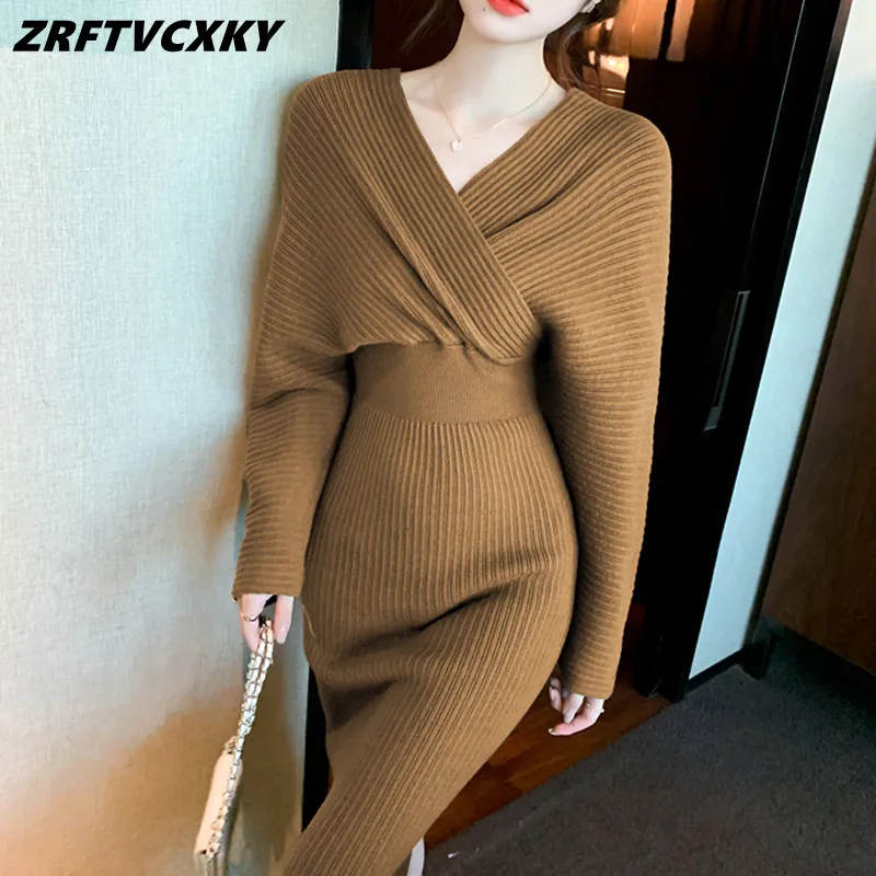 

Шикарные женские зимние облегающие вязаные платья высокого качества, элегантное женское платье-свитер средней длины с V-образным вырезом и ...