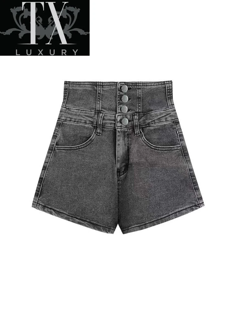 

2022 Hot Summer Fashion High Waist Denim Shorts Women Korean Buttock Wrapping Button Slim Bandage Short Jeans Female Streetwear